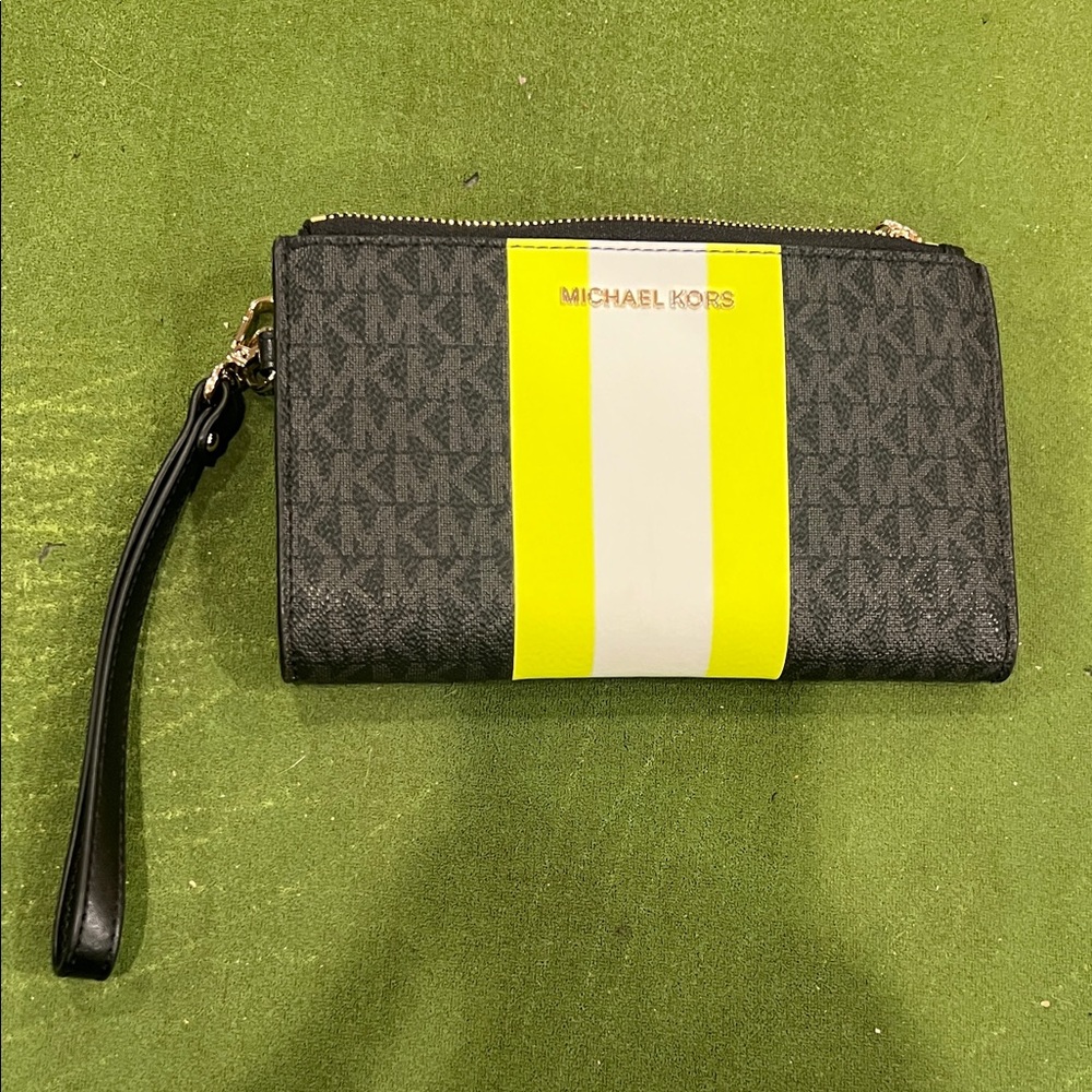 Michael Kors Black Wristlet with Neon Yellow Stripe